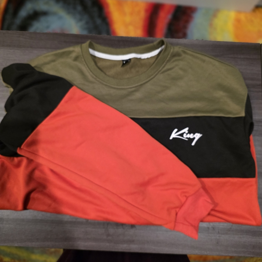 SHEIN Olive, Black, and Red Colorblock Sweatshirt